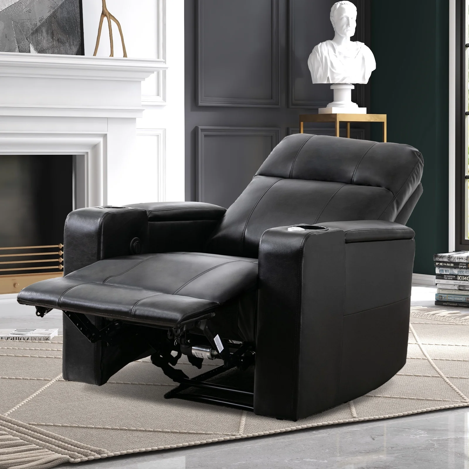 Electric Recliner for Living Room Home Theater Seating Leather Reclining Chair Sofa Furniture with Cup Holders USB Ports and Hidden Storage, Black