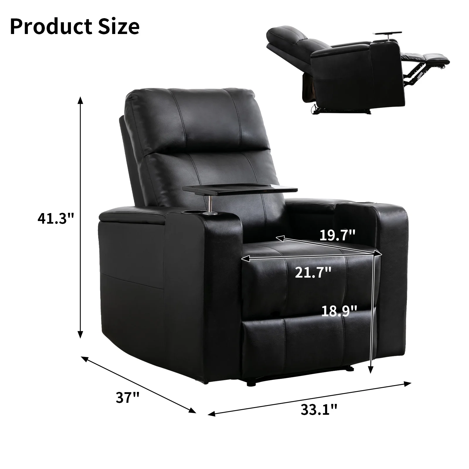 Electric Recliner for Living Room Home Theater Seating Leather Reclining Chair Sofa Furniture with Cup Holders USB Ports and Hidden Storage, Black