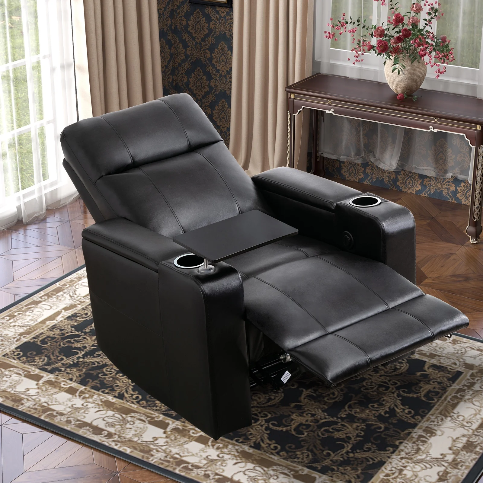 Electric Recliner for Living Room Home Theater Seating Leather Reclining Chair Sofa Furniture with Cup Holders USB Ports and Hidden Storage, Black