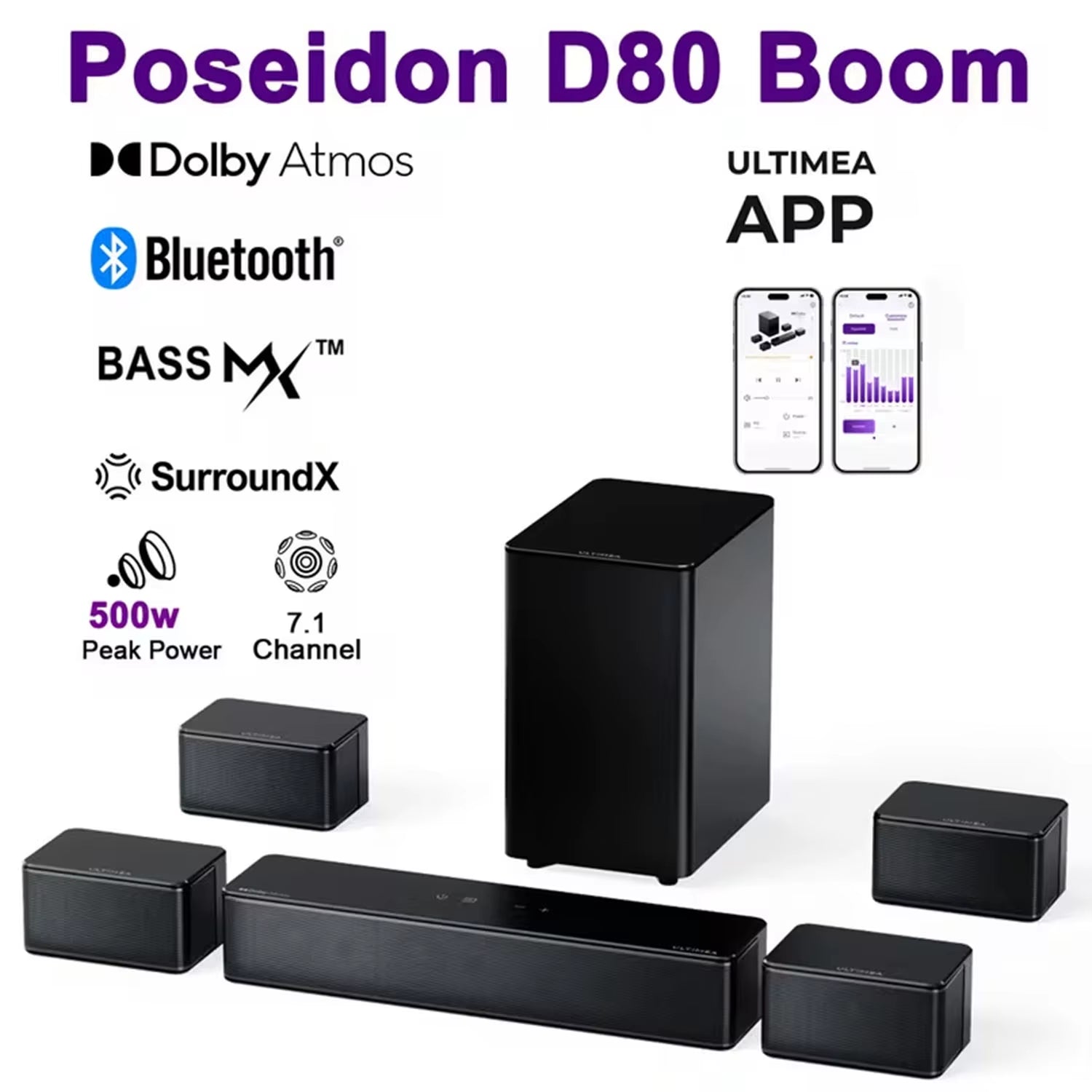 7.1 Surround Sound System 460W Sound Bar for TV with 6.5" Subwoofer&4 Wired Surround Speakers, Home Theater Sound System
