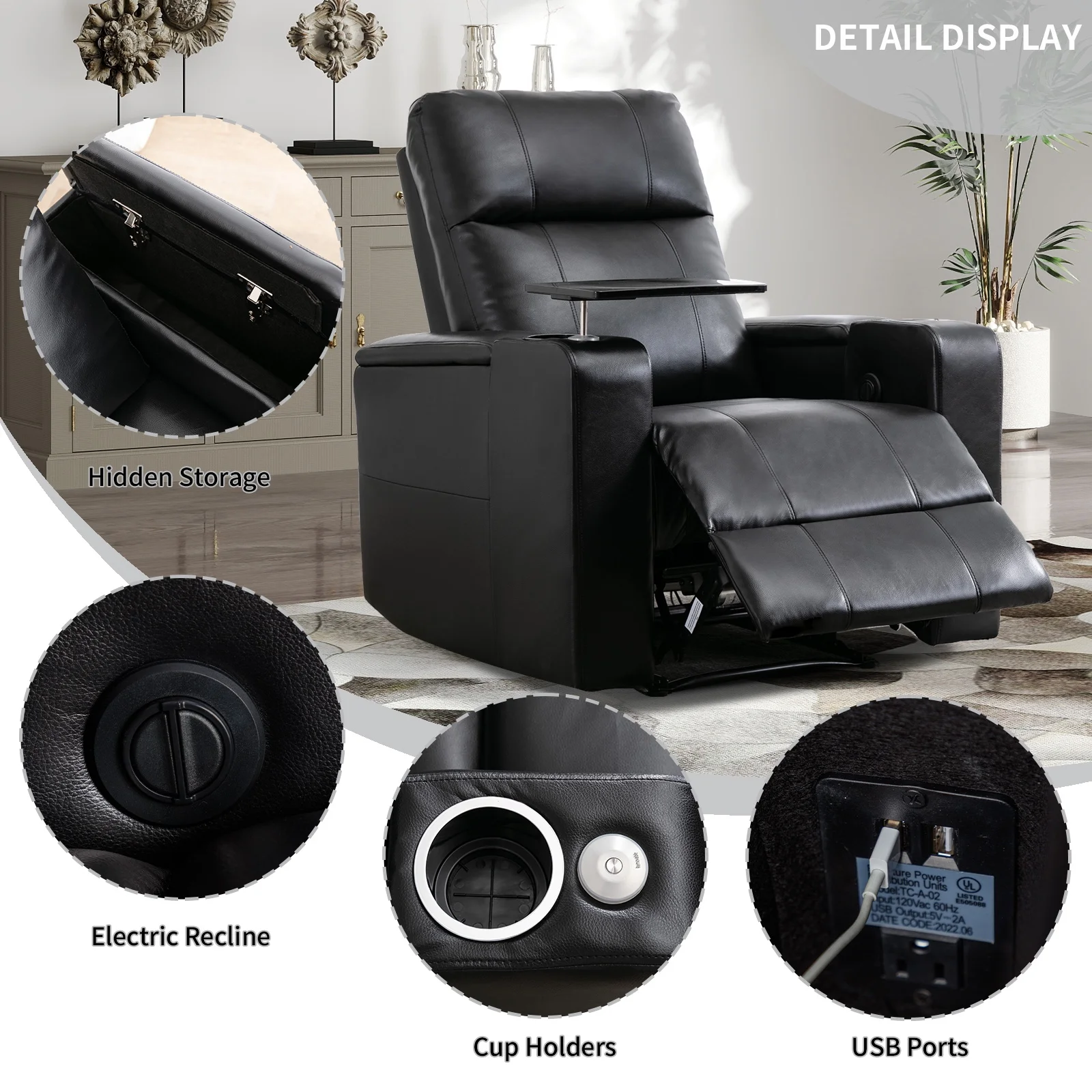 Electric Recliner for Living Room Home Theater Seating Leather Reclining Chair Sofa Furniture with Cup Holders USB Ports and Hidden Storage, Black