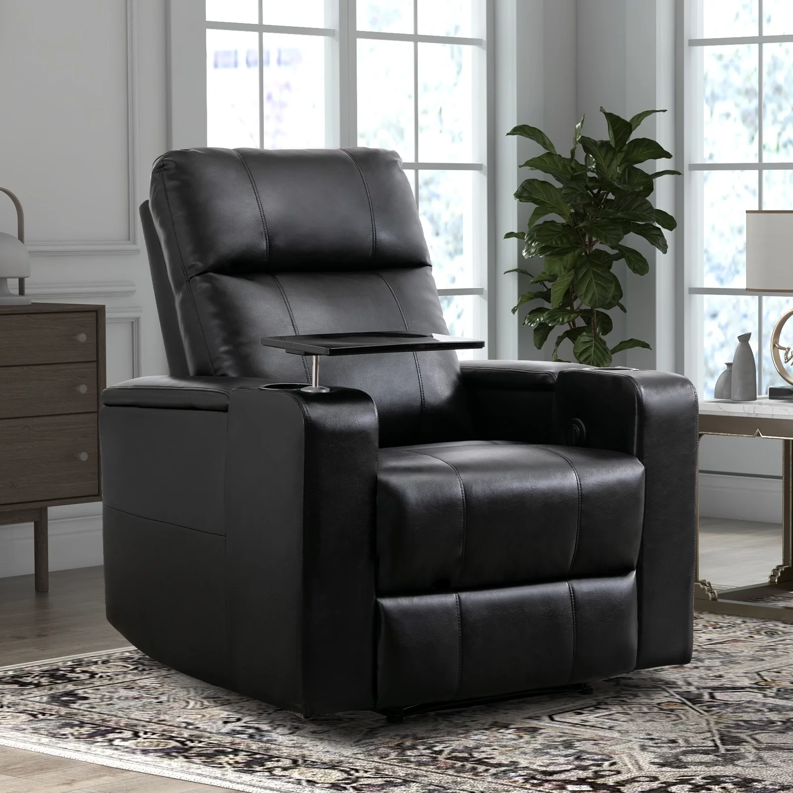 Electric Recliner for Living Room Home Theater Seating Leather Reclining Chair Sofa Furniture with Cup Holders USB Ports and Hidden Storage, Black